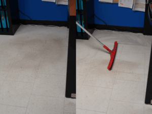Avant-après d’un plancher marqué par l’usure causée par des chaises, après un récurage professionnel.