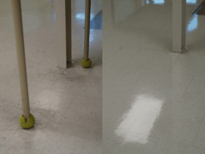 Before and after comparison of a scrubbed floor in a school building