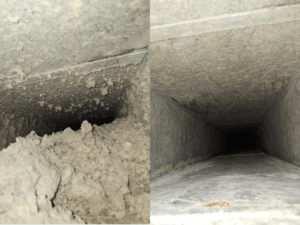 Avant et après nettoyage d’un conduit de ventilation obstrué par la poussière et les saletés dans un immeuble commercial.