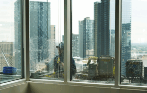 Nettoyage de vitres en hauteur sur une tour à bureaux effectué par une équipe spécialisée en entretien commercial