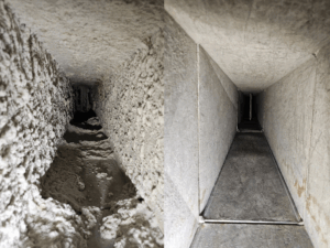 Avant et après nettoyage de conduits de ventilation dans un immeuble commercial.